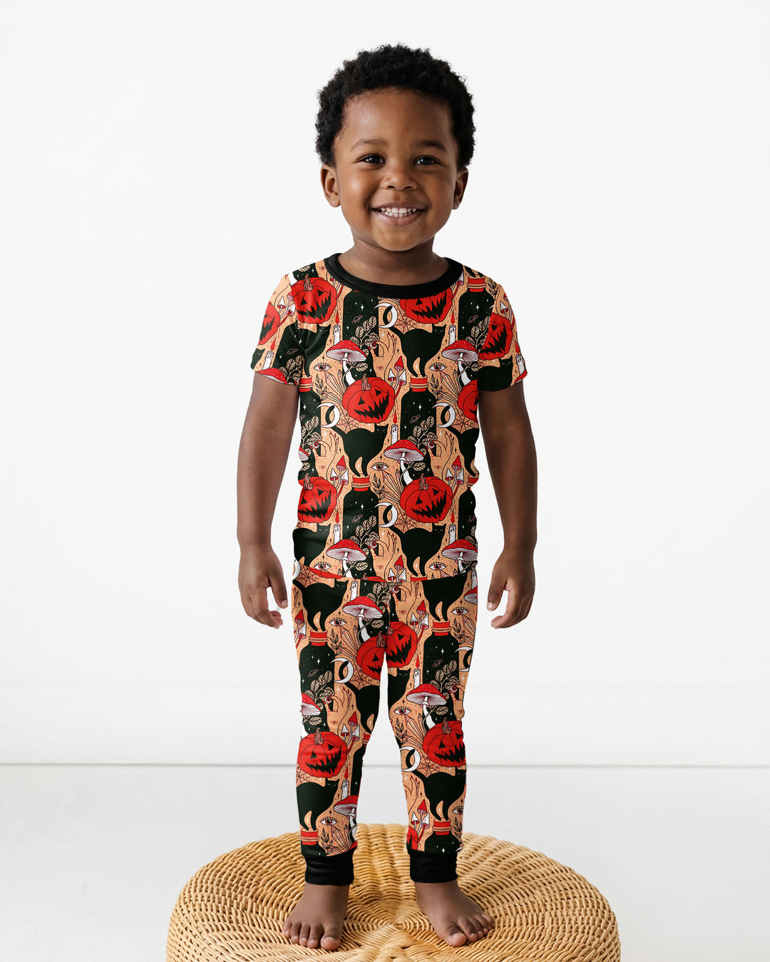 Black Cat And Pumpkin Halloween Bamboo Two Piece Short Sleeve Pajama Set