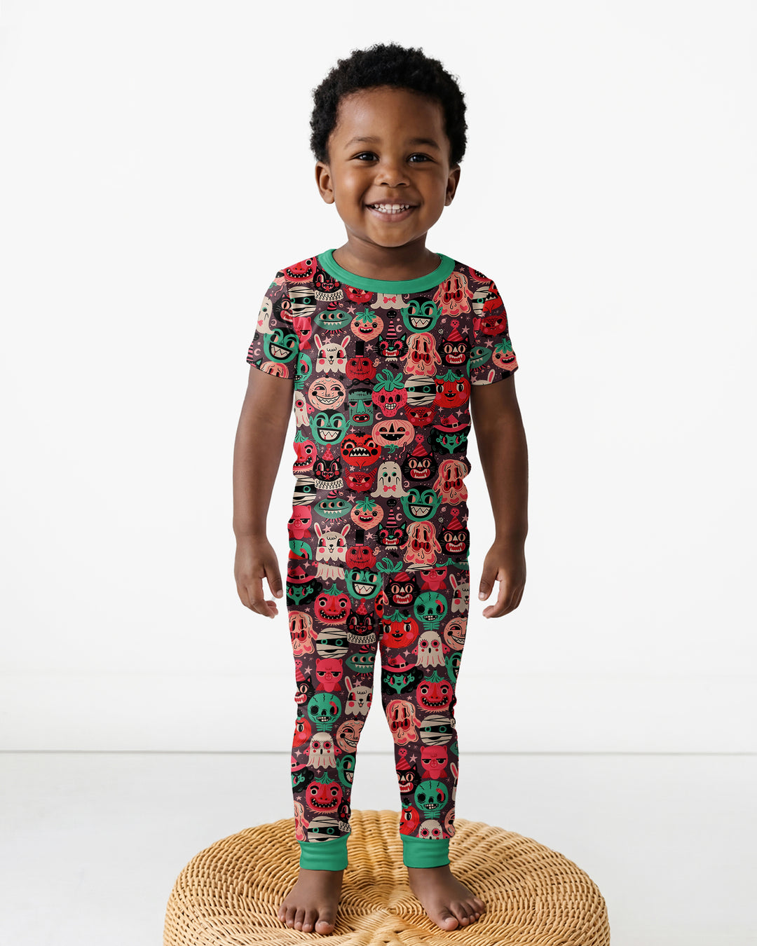 Retro Halloween Monsters Ghost Pumpkin Mummy Bamboo Two Piece Short Sleeve Pajama Set