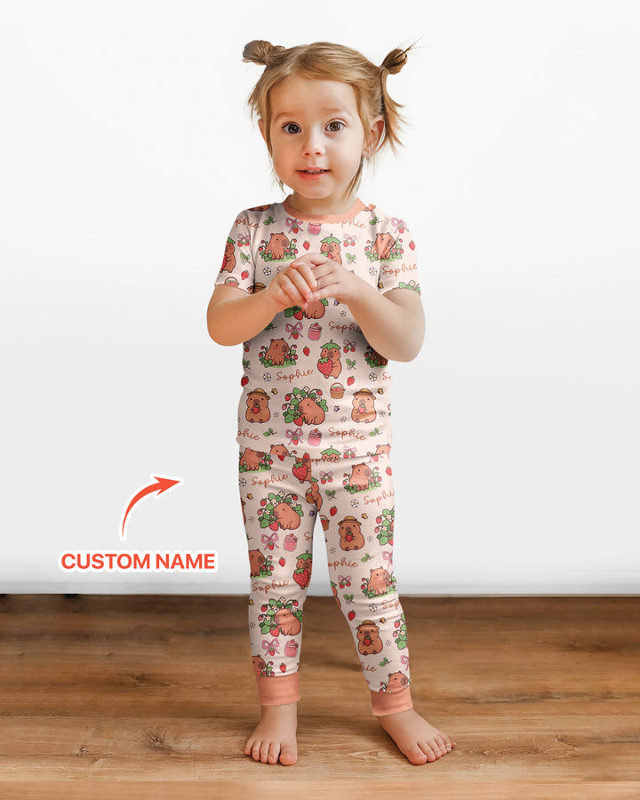 Custom Name Capybara Strawberry Bamboo Two Piece Short Sleeve Pajama Set