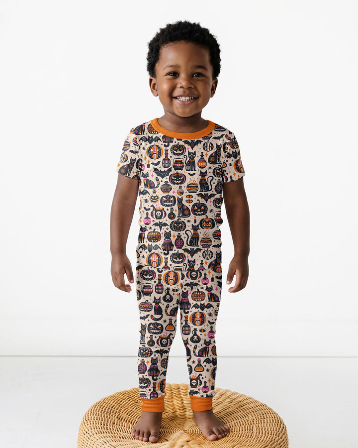 Whimsical Tribal Retro Halloween Black Cats Pumpkins Bamboo Two Piece Short Sleeve Pajama Set