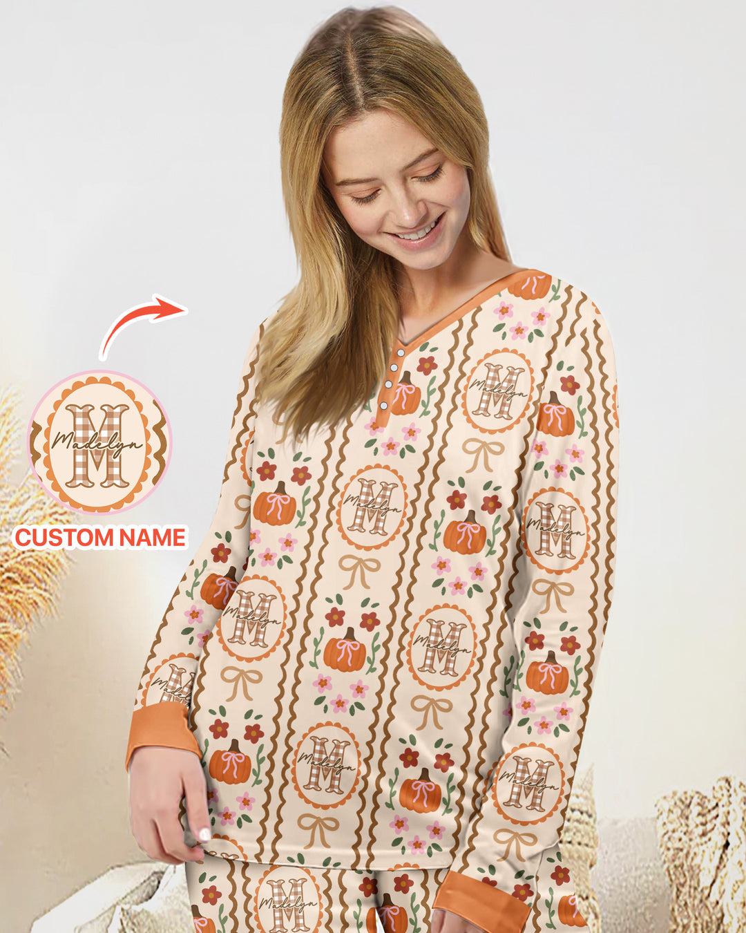 Custom Name Pumpkin Cottage Bamboo Women Pajama Set