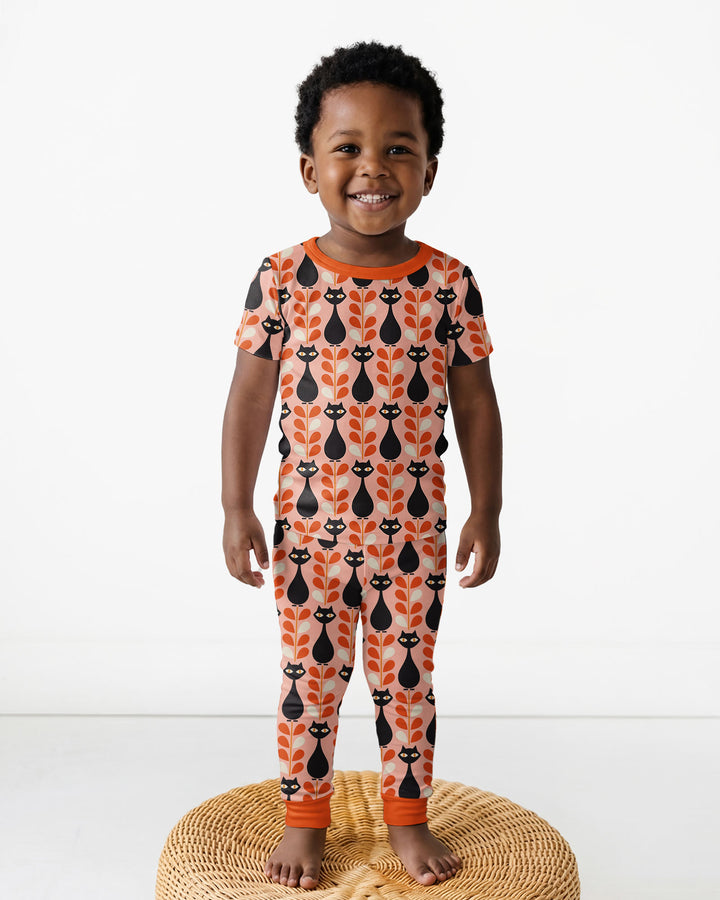 Retro Black Cat Garden Bamboo Two Piece Short Sleeve Pajama Set