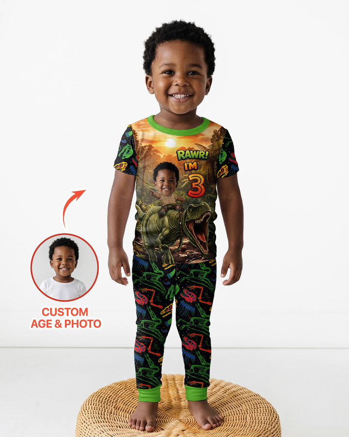 Custom Photo Dino Rawr Birthday Bamboo Two Piece Short Sleeve Pajama Set