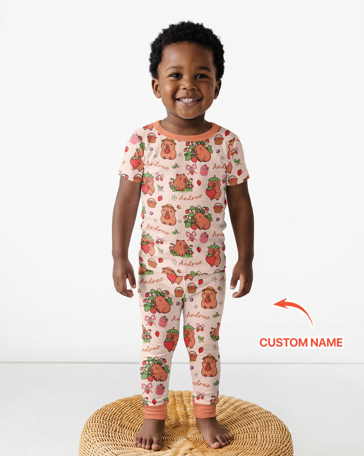 Custom Name Capybara Strawberry Bamboo Two Piece Short Sleeve Pajama Set