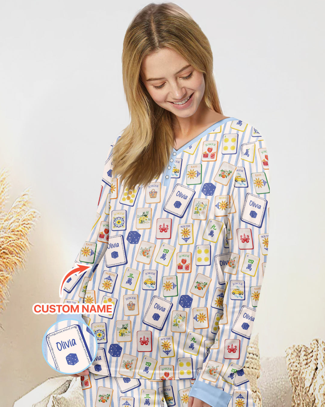 Coastal Mahjong Custom Name Mommy & Me Matching Bamboo Women Pajama Set