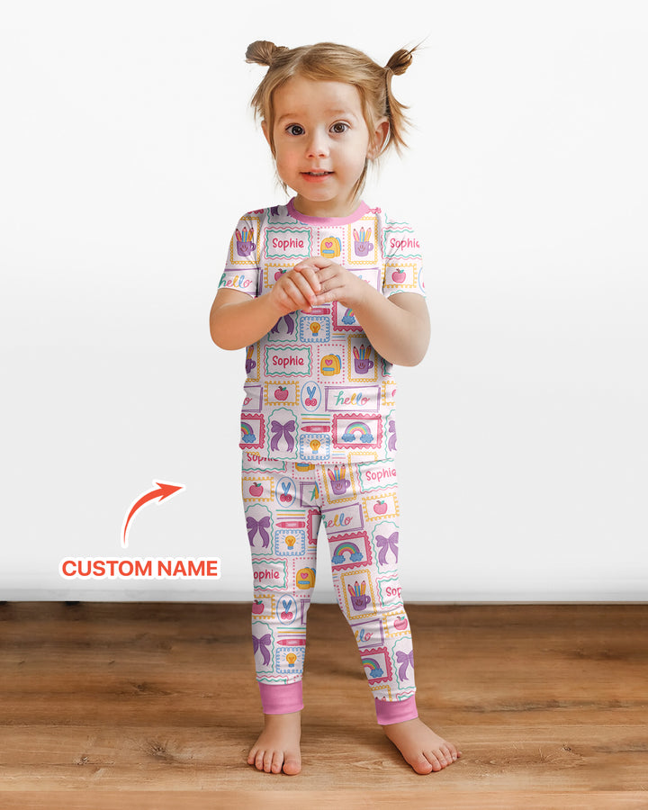 Custom Name Hello School Bamboo Two Piece Short Sleeve Pajama Set