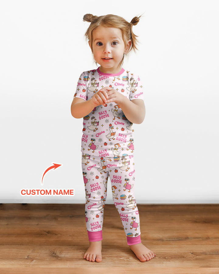 Custom Name Silly Goose Back to School Bamboo Two Piece Short Sleeve Pajama Set