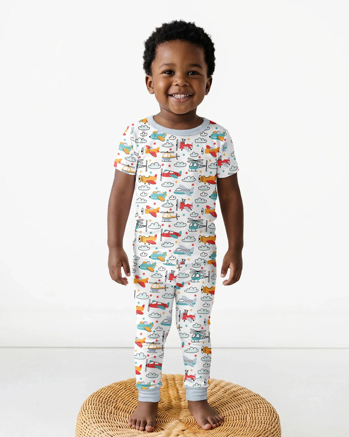 Airplanes And Helicopters Bamboo Two Piece Short Sleeve Pajama Set