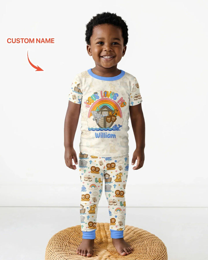 Custom Name Noah's Ark Jesus Loves Me Bamboo Two Piece Short Sleeve Pajama Set