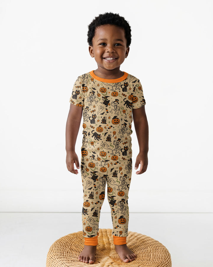 Vintage Skeleton Pumpkin Halloween Bamboo Two Piece Short Sleeve Pajama Set