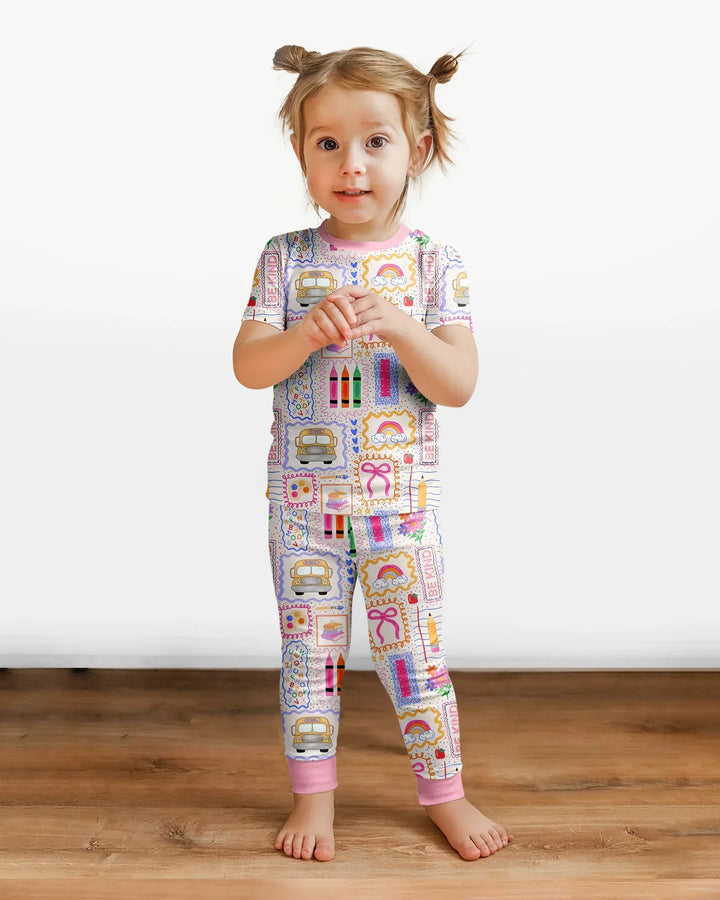 Colorful Doodle School Bamboo Two Piece Short Sleeve Pajama Set