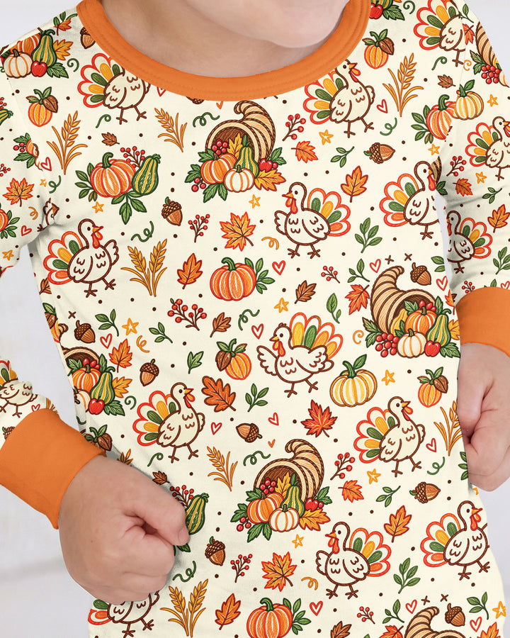 Thanksgiving Turkey Sketch Bamboo Two Piece Long Sleeve Pajama Set