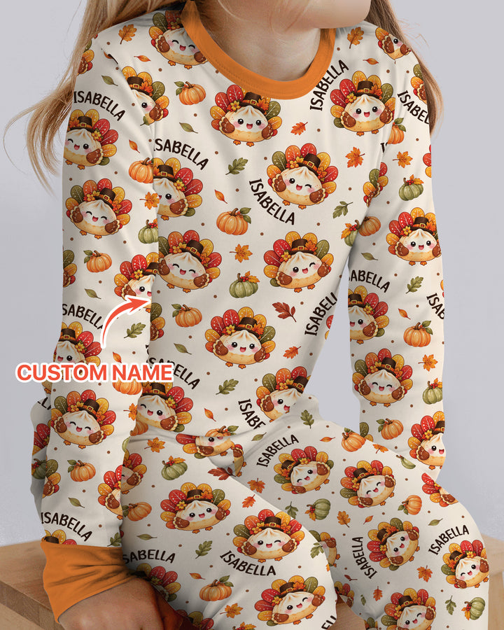 Cute Dumpling Turkey Thanksgiving Bamboo Two Piece Long Sleeve Pajama Set