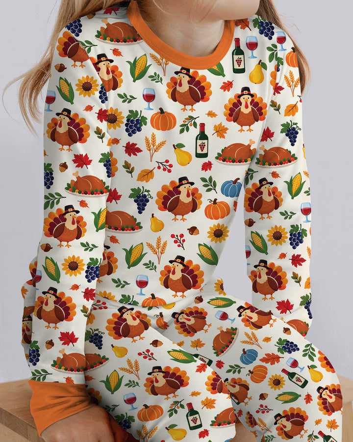 Thanksgiving Turkey Wine Harvest Bamboo Two Piece Long Sleeve Pajama Set