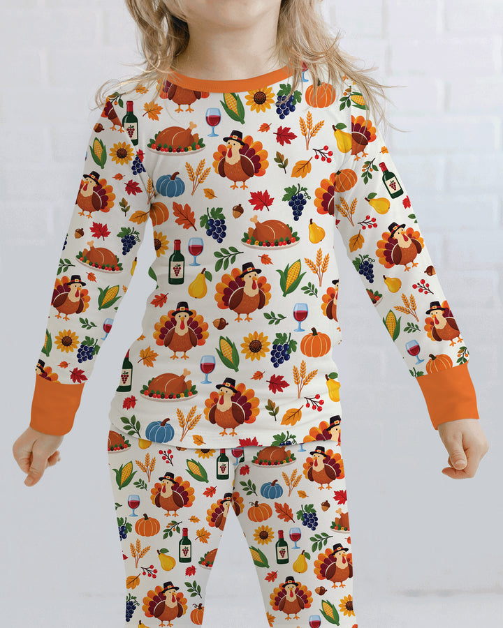 Thanksgiving Turkey Wine Harvest Bamboo Two Piece Long Sleeve Pajama Set