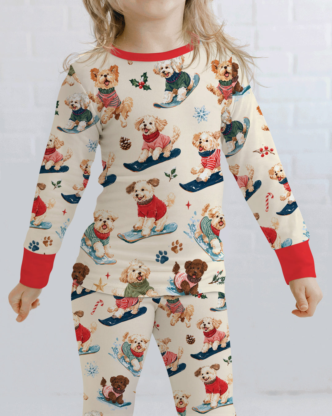 Snowboarding Dogs Bamboo Two Piece Long Sleeve Pajama Set