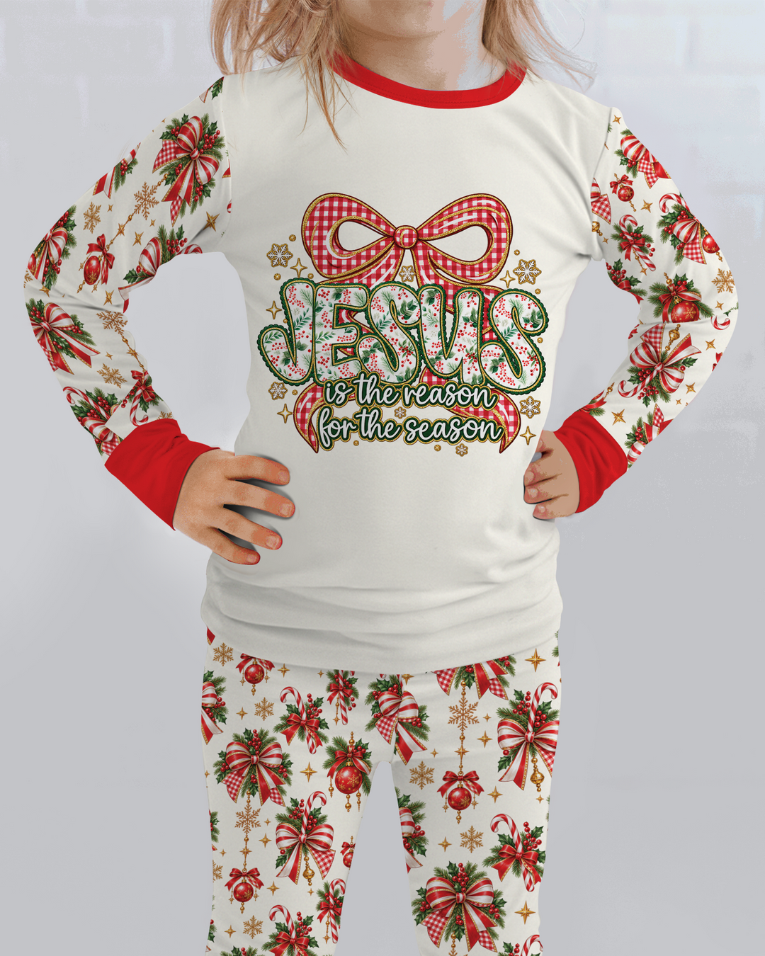Coquette Floral Jesus Is The Reason Mommy And Me Matching Bamboo Two Piece Long Sleeve Pajama Set
