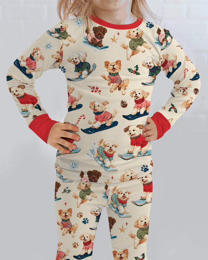 Snowboarding Dogs Bamboo Two Piece Long Sleeve Pajama Set