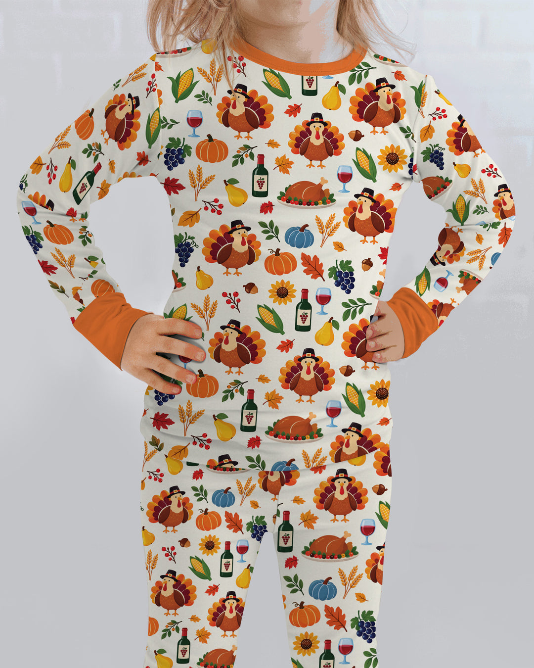 Thanksgiving Turkey Wine Harvest Bamboo Two Piece Long Sleeve Pajama Set