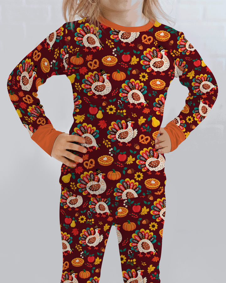 Festive Turkey Fall Harvest Bamboo Two Piece Long Sleeve Pajama Set