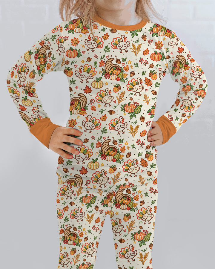Thanksgiving Turkey Sketch Bamboo Two Piece Long Sleeve Pajama Set