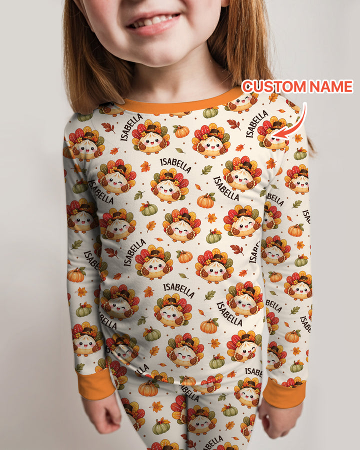 Cute Dumpling Turkey Thanksgiving Bamboo Two Piece Long Sleeve Pajama Set