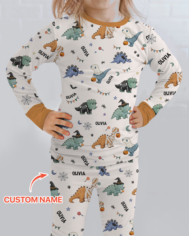 Custom Name Cute Halloween Dinosaur - Personalized Long Sleeve Pajama Set