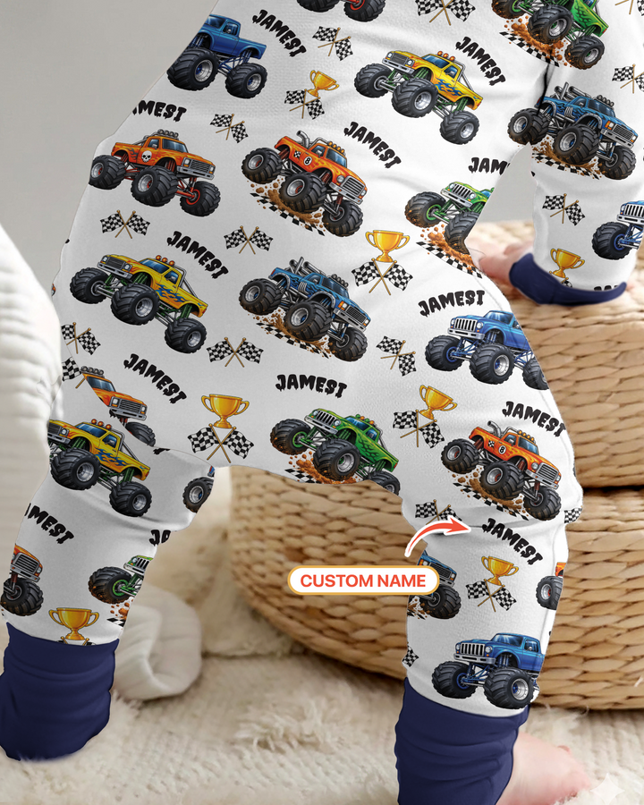 Custom Name Monster Trucks Bamboo Two Piece Long Sleeve Pajama Set