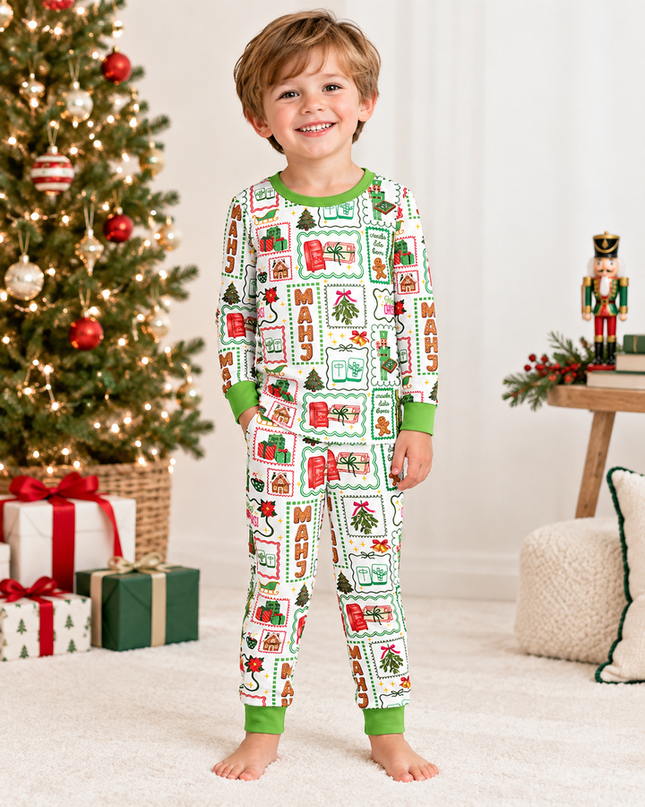 Preppy Christmas Mahjong Bamboo Two Piece Long Sleeve Pajama Set