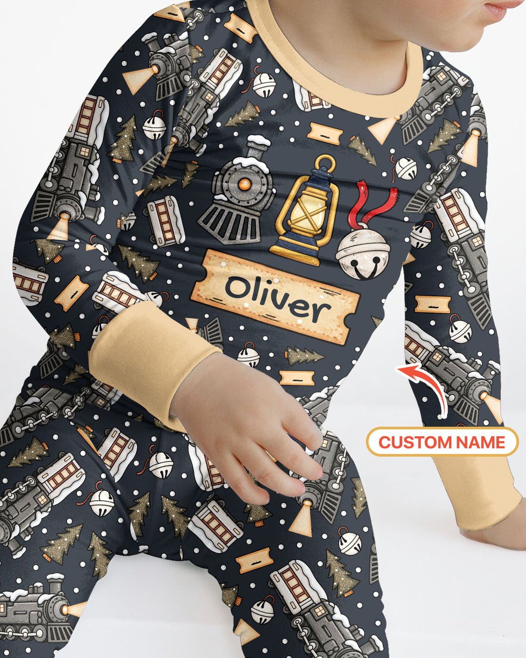 Custom Name Believe Kid Train Bamboo Two Piece Long Sleeve Pajama Set