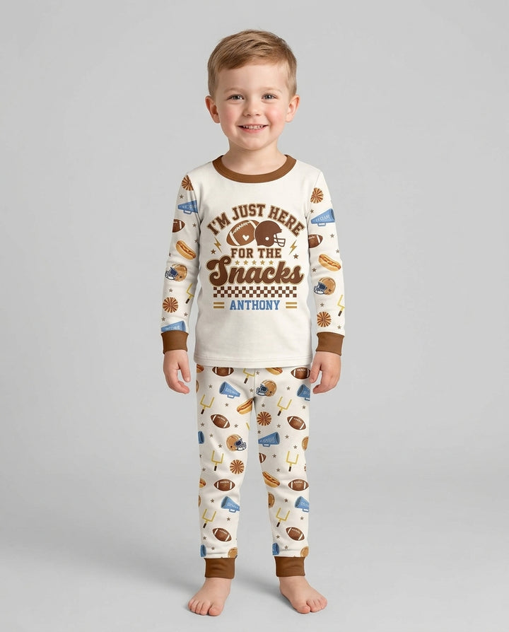 Custom Name Football I'm Just Here For The Snacks Bamboo Two Piece Long Sleeve Pajama Set