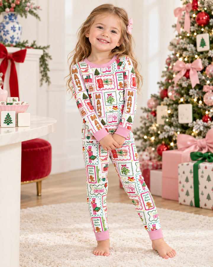 Preppy Christmas Mahjong Bamboo Two Piece Long Sleeve Pajama Set