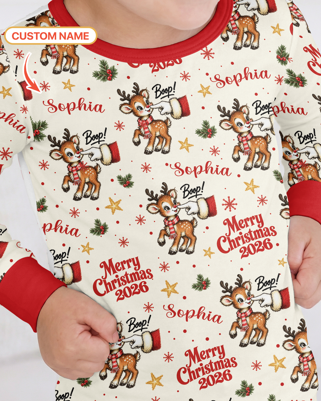 Custom Name Reindeer Santa Boop Bamboo Two Piece Long Sleeve Pajama Set
