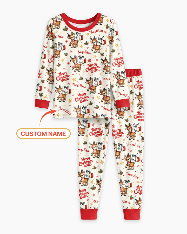 Custom Name Reindeer Santa Boop Bamboo Two Piece Long Sleeve Pajama Set