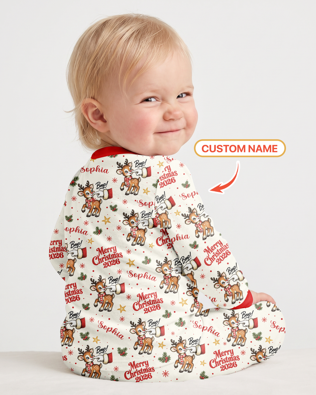 Custom Name Reindeer Santa Boop Bamboo Two Piece Long Sleeve Pajama Set
