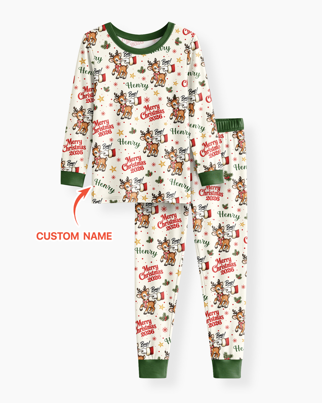 Custom Name Reindeer Santa Boop Bamboo Two Piece Long Sleeve Pajama Set