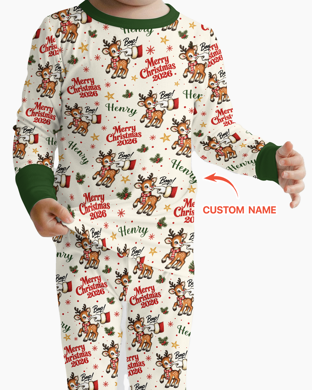 Custom Name Reindeer Santa Boop Bamboo Two Piece Long Sleeve Pajama Set