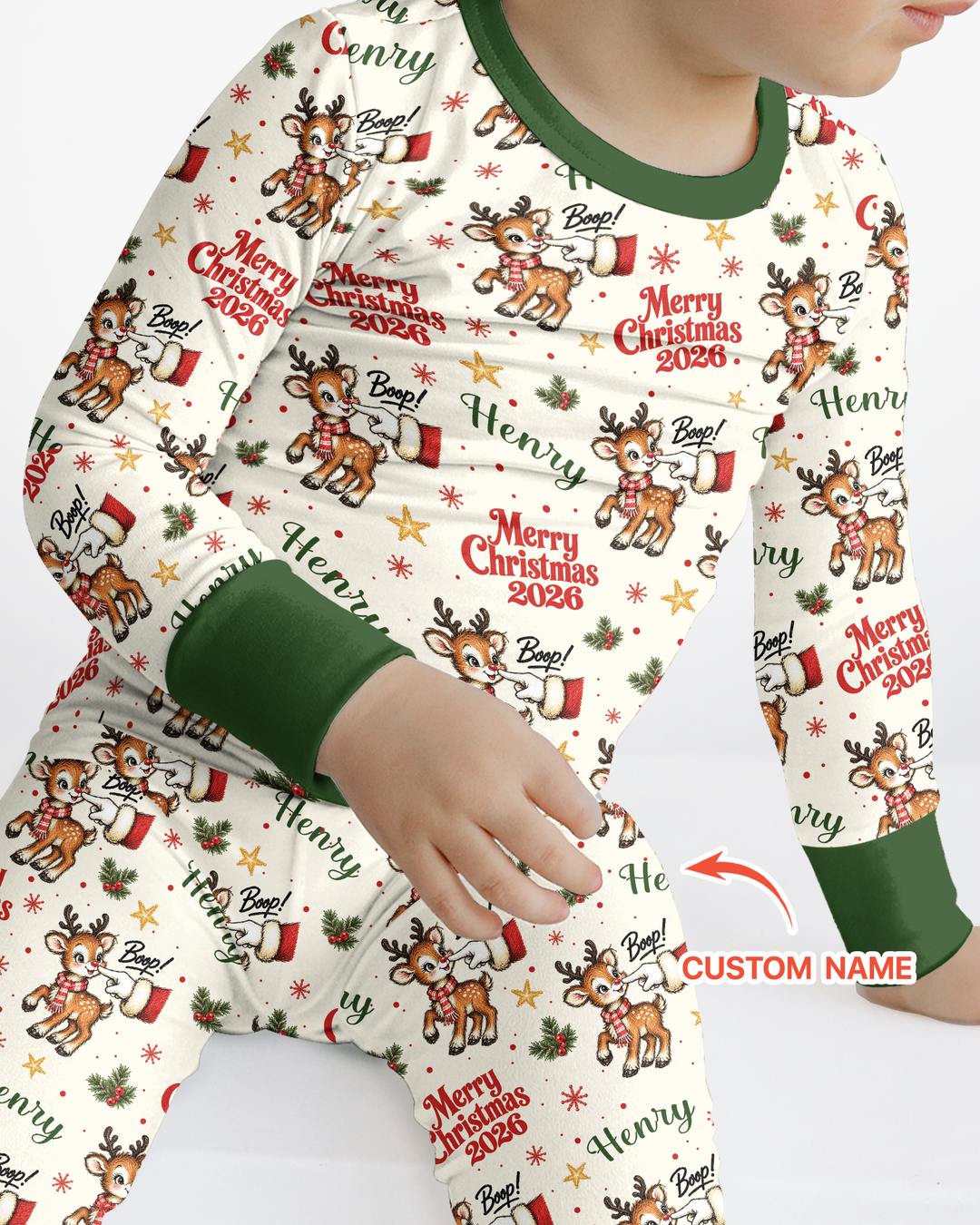 Custom Name Reindeer Santa Boop Bamboo Two Piece Long Sleeve Pajama Set