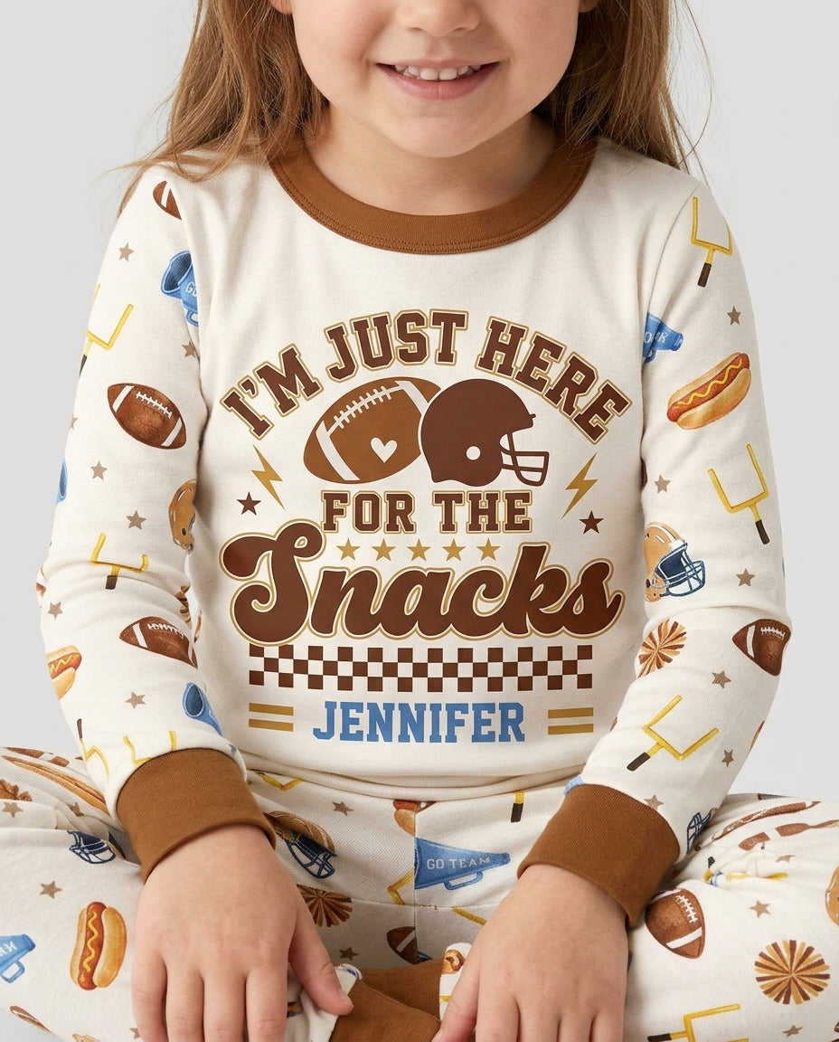 Custom Name Football I'm Just Here For The Snacks Bamboo Two Piece Long Sleeve Pajama Set