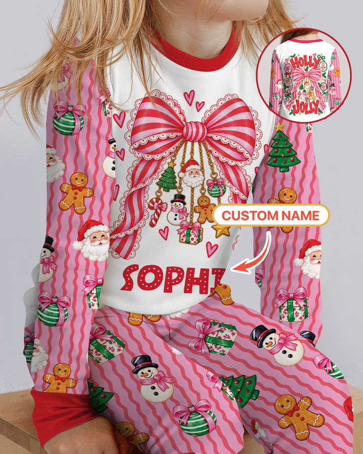 Holly Jolly Custom Name Mommy & Me Matching Bamboo Two Piece Long Sleeve Pajama Set