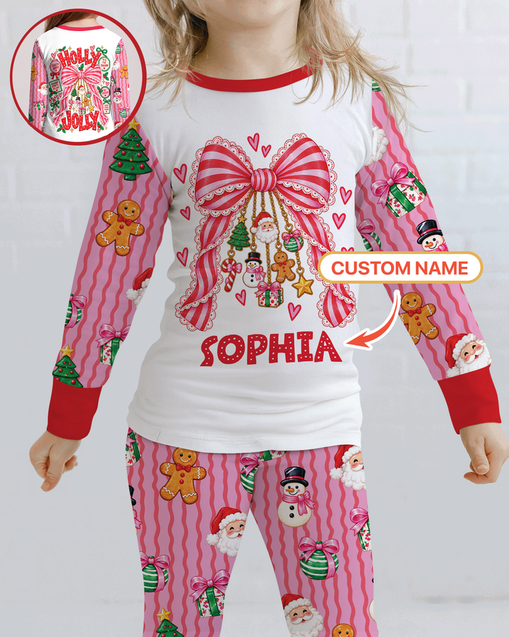 Holly Jolly Custom Name Mommy & Me Matching Bamboo Two Piece Long Sleeve Pajama Set