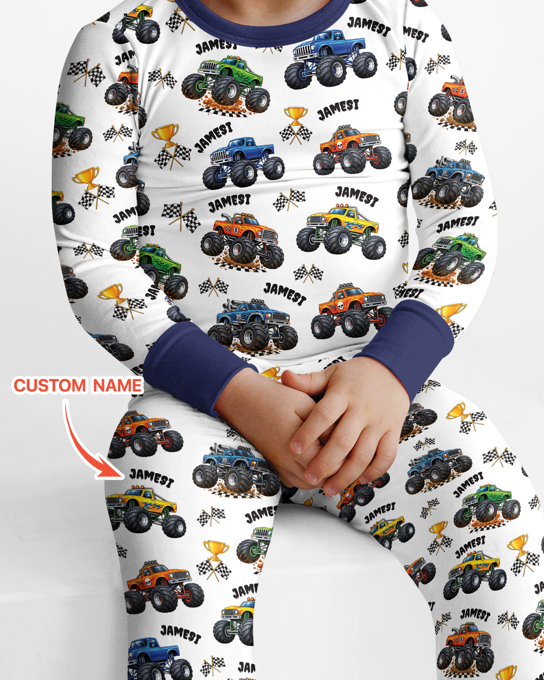 Custom Name Monster Trucks Bamboo Two Piece Long Sleeve Pajama Set