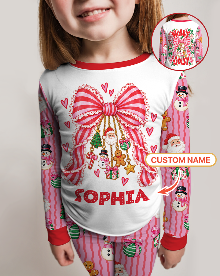 Holly Jolly Custom Name Mommy & Me Matching Bamboo Two Piece Long Sleeve Pajama Set