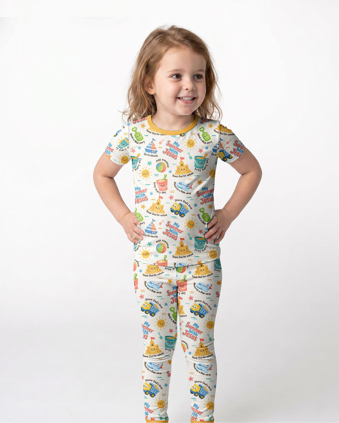 Colorful Summer Beach With Jesus Bamboo Two Piece Short Sleeve Pajama Set