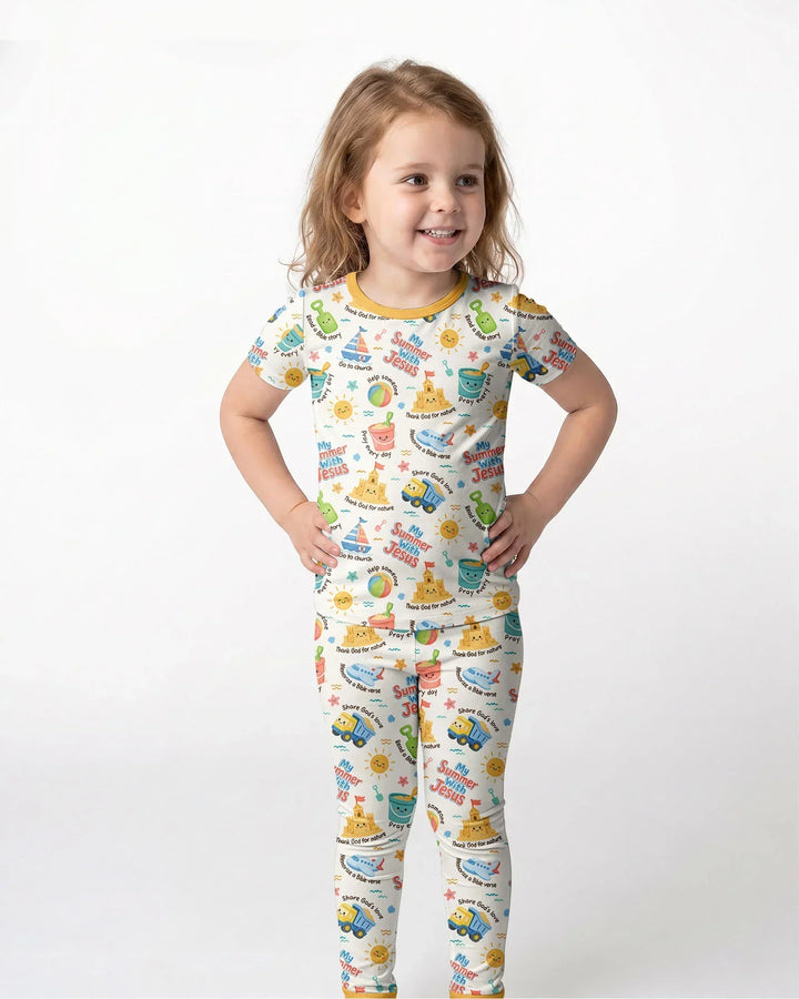 Colorful Summer Beach With Jesus Bamboo Two Piece Short Sleeve Pajama Set