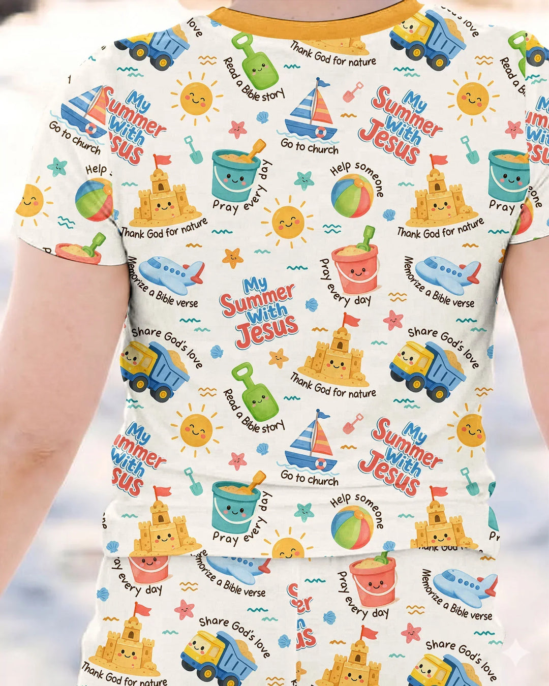 Colorful Summer Beach With Jesus Bamboo Two Piece Short Sleeve Pajama Set