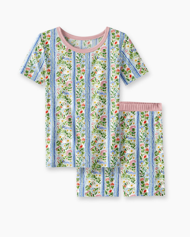 Pastel Floral Girl Bamboo Two Piece Short Sleeve Shorts Pajama Set