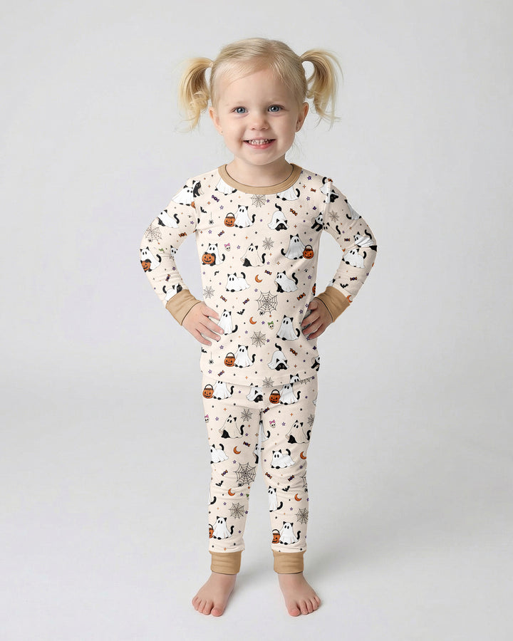 Ghost Cat Vintage Halloween Bamboo Two Piece Long Sleeve Pajama Set
