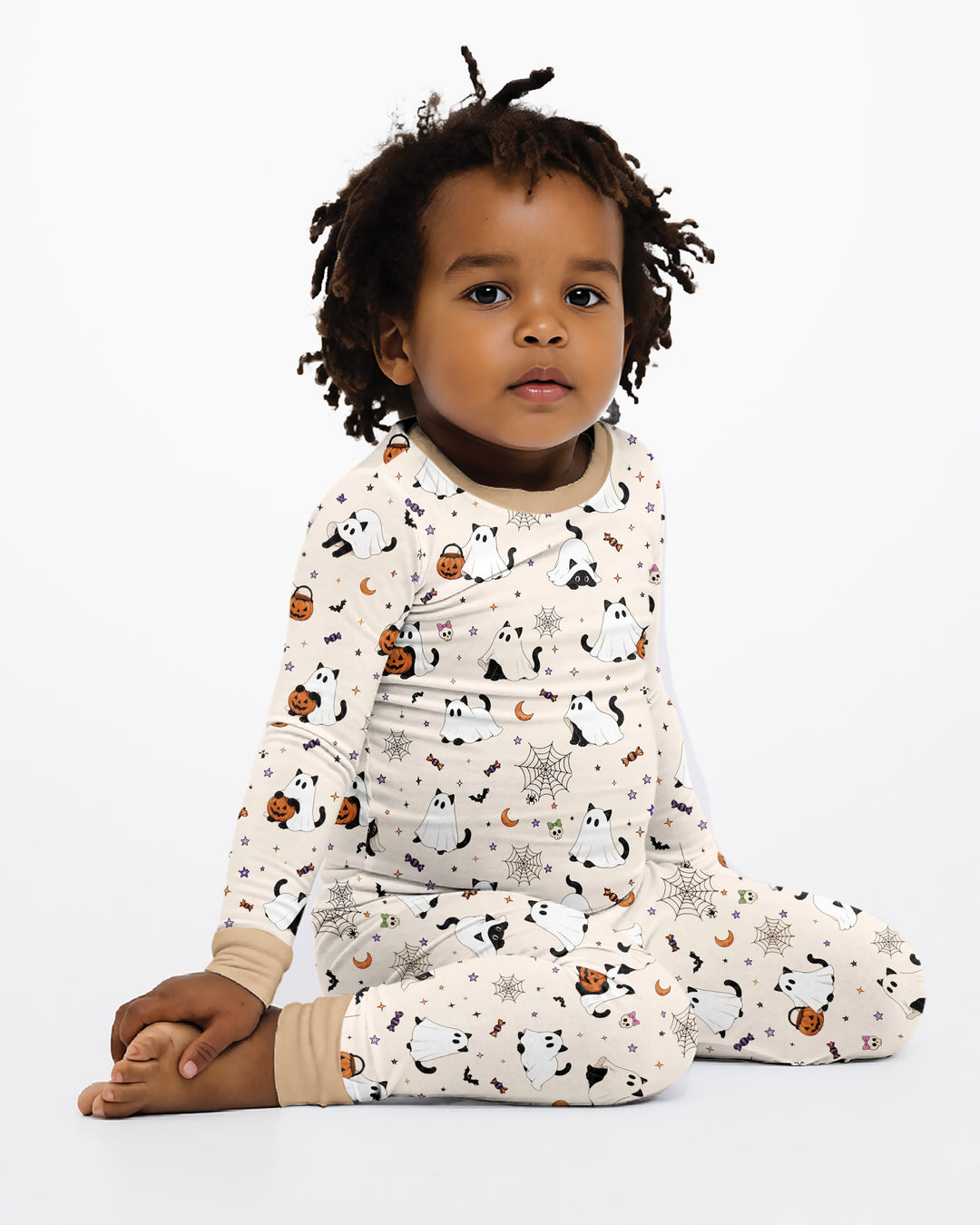 Ghost Cat Vintage Halloween Bamboo Two Piece Long Sleeve Pajama Set