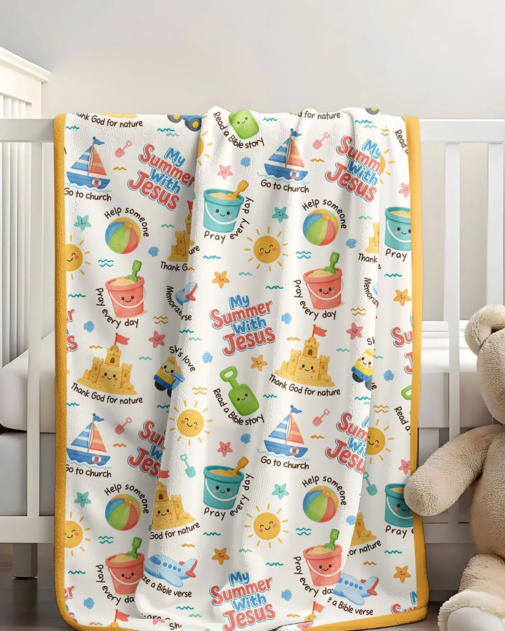 Colorful Summer Beach With Jesus Bamboo Blanket